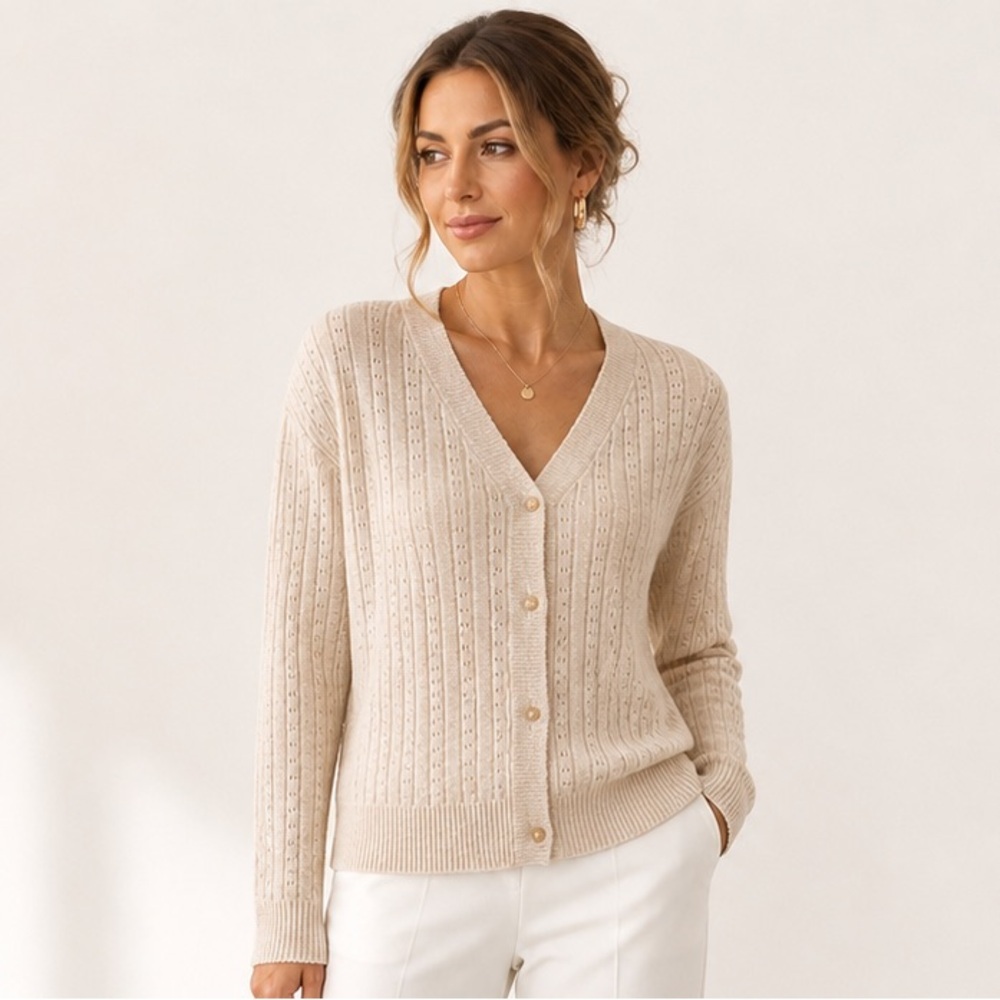 Magnolia Women's Cream Knit Sweater Classic Ribbed Button Front V-Neck Sz Large
